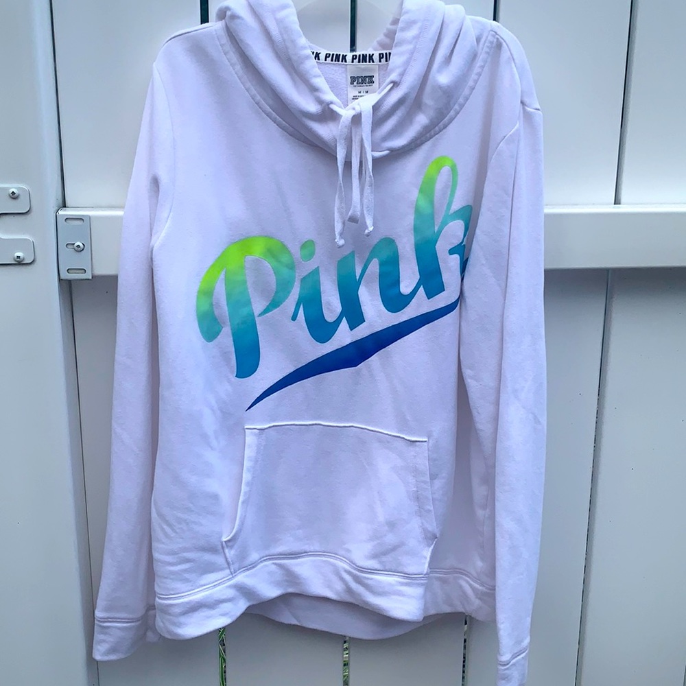 Pink ladies sweatshirt lightweight in white with with blues & green lettering